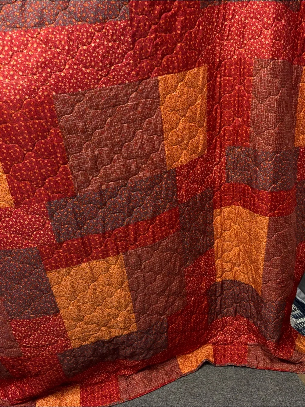 Warm Tones Patchwork Comforter in Red, Orange, and Brown